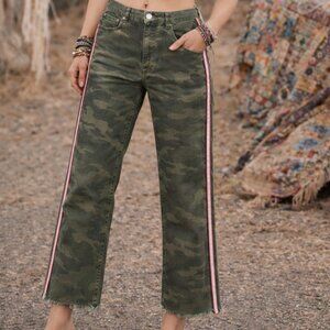 Zara Woman Camo Raw Fray Hem Crystal Embellished Crop Jean, Size 6